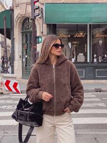 Women's Fashion Business Elegant Urban Style Solid Color Hooded Cardigan Casual Jacket - Coffee Brown - View 2