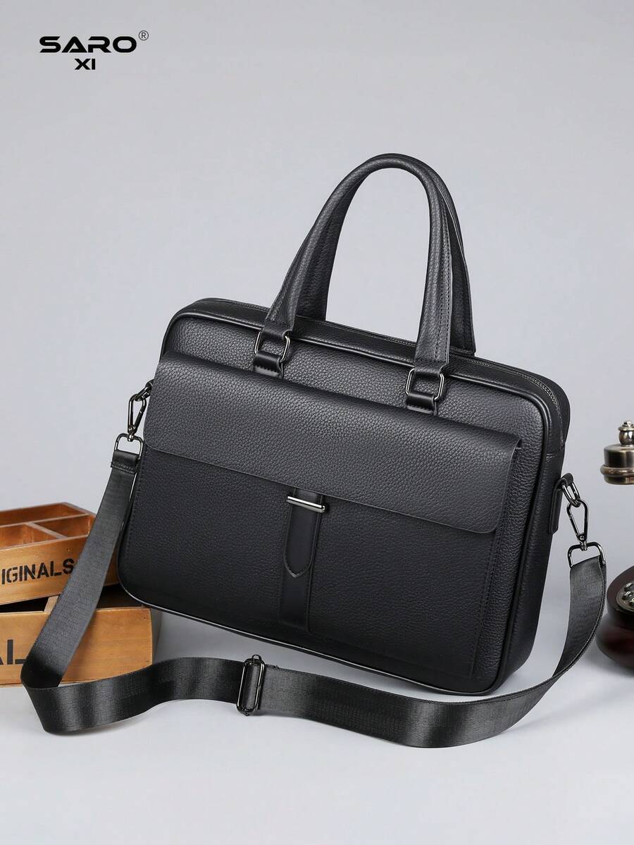 saroxi Men's Briefcase, Classic Laptop Bag, Large Capacity For Documents And Office Supplies, Business Commute, Suitable For Work, PU Leather, Minimalist Style, Litchi Texture, Solid Color, Gift For Husband, Autumn Essential