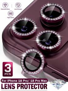 3Pcs Camera Lens Protector Set [Rhinestone-Accented Burgundy] – Tempered Glass [Scratch-Resistant] – Individual Metal Ring Covers. Splash-Proof, Fingerprint-Resistant, And Shock/Scratch-Resistant; Easy To Install. Compatible With IPhone 18 Pro / 18 Pro Max. - Burgundy - View 7
