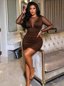 BIUBIU Women's Plus Size Sexy Fitted Knit Brown Ruched Mini Dress, Sheer Long Sleeve, High Elasticity Slim Fit Cut, Create Stunning Look - Brown - View 5