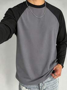 Men's Patchwork Raglan Sleeve Crew Neck Long Sleeve T-Shirt, Autumn/Winter New Base Layer, Sports Fitness Casual Contrast Color Top - Dark Grey - View 6