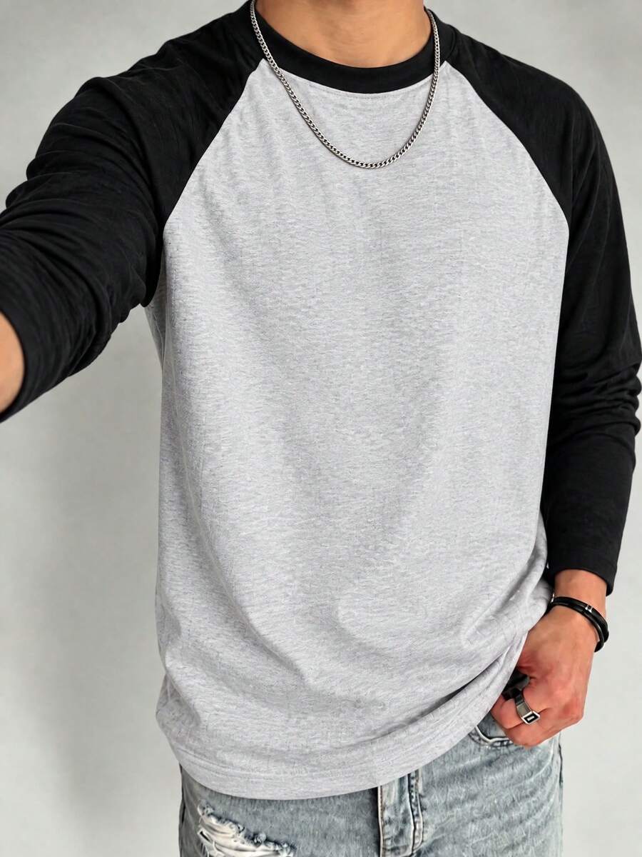 Men's Patchwork Slim Fit Raglan Sleeve Crew Neck Long Sleeve T-Shirt - Light Grey - View 1