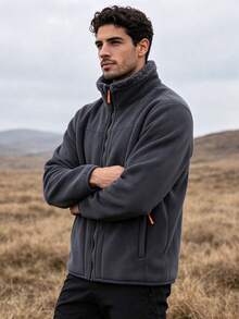 1pc Men's Dark Gray Stand Collar Fleece Jacket, Contrast Zipper Design Thickened Outdoor Hiking Fleece Top, Suitable For Young Men - Dark Grey - View 4