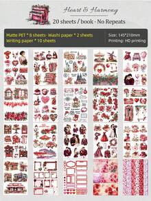 DanSoul 20 Sheets Large Size Romantic Valentine's Day Theme Adult Planner Stickers, Pre-Cut 3 Materials Waterproof Matte PET And Paper Sticker Set, Aesthetic Scrapbook DIY Handmade Art Project Material - Journaling Stickers - View 3