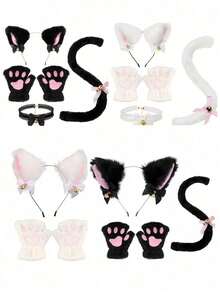 Cat Cosplay Costume - 4pcs Cat Ears & Tail Set, Includes Collar, Paws And Gloves, Suitable For Halloween Costume Accessories - Multicolor - View 1