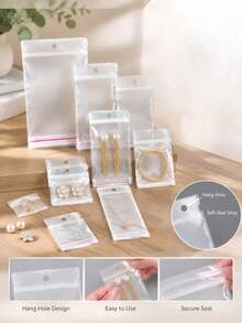 100pcs Transparent Self-Sealing Plastic Bags, Multiple Sizes Reusable Polyethylene Bags With Hanging Holes, Jewelry Display Packaging Bags, Gift Packaging Bags, Gift Storage Bags - Multiple Styles - View 2