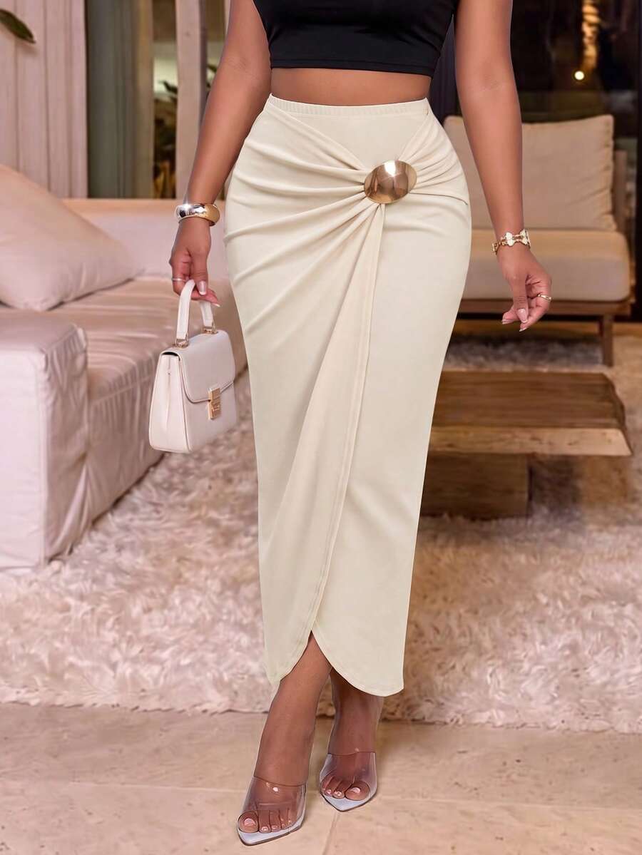 Sexy White Fitted Knit Maxi Dress, Asymmetrical Pleated Design, Medium Stretch, Suitable For Formal Occasions - Apricot - View 1