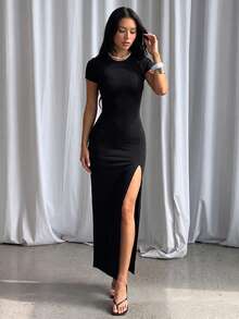 Autumn Solid Color Basic High Slit Short Sleeve Dress, Elegant Casual Everyday Dress - Black - View 3