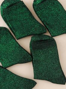 1/6 Pairs Unisex Dark Green Metallic Yarn Knit Socks, Sequin Vertical Ribbed Mid-Calf Socks, Comfortable Elastic Casual All-Season - Dark Green - View 3