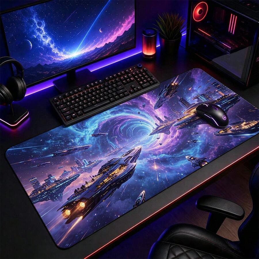 1pc Galaxy Space Gaming Mouse Pad, Futuristic Spaceship And Cosmic Portal Artwork, Large Extended Desk Mat For Keyboard And Mouse, Non-Slip Computer Pad For Gamer Room, Office And Home Setup - View 1