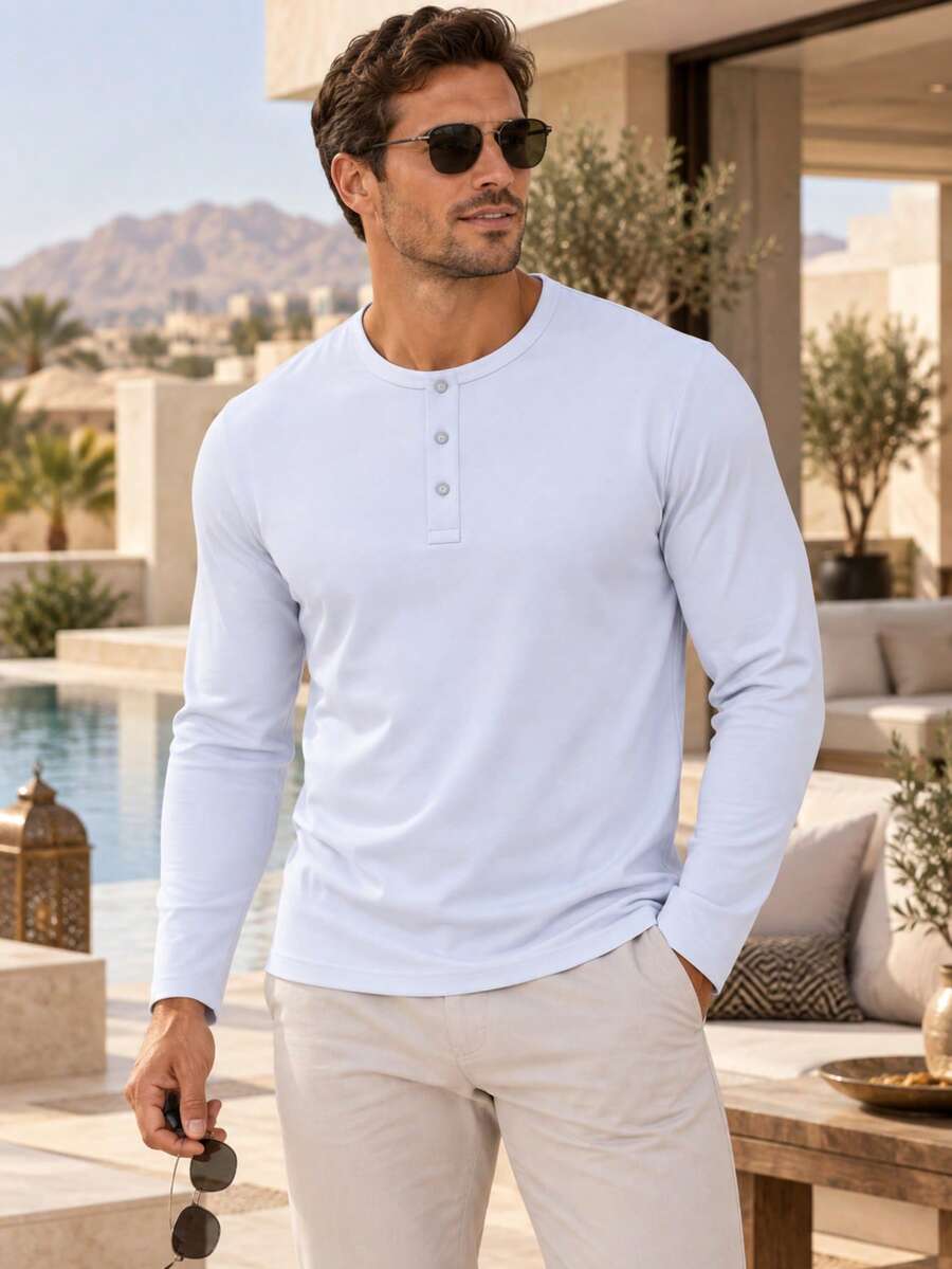 Men's Henley Collar Long Sleeve T-Shirt, 3-Button Placket Slim Fit Base Layer, Elastic Soft Casual Undershirt, Spring/Autumn Daily Wear, Commuting, Premium Fabric - White - View 1