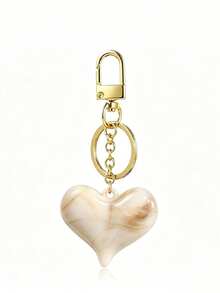 Vintage Amber Tortoise Shell Pattern Resin Heart-Shaped Keychain, Marial Brown Beaded Bag Charm - Multicolor - View 8