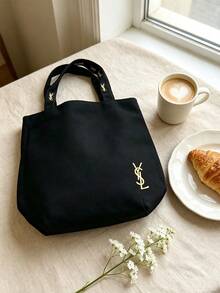 Yves Saint Laurent 黑色刺繡LOGO托特化妝包，大容量防水帆布手提收納包，粉色內裡拉鍊隔層，通勤購物旅行雙用彩妝收納包，奢華女款便攜禮品 - 黑色 - 查看 11