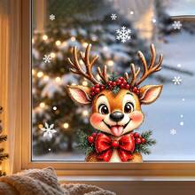 1/4pcs Cute Funny Reindeer Santa Hat Window Decals, Double-Sided Reusable PVC Static Adhesive Glass Stickers, Suitable For Living Room, Balcony, Bedroom, Christmas Home Decorations - Multicolor - View 3