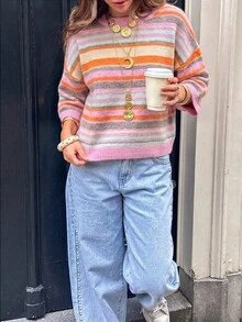 Women's New Autumn Colorblock Striped Knit Top, Casual Daily Commute College Style - Pink and Orange - View 2
