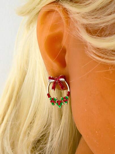 1 Pair Fashionable Unique Vintage Elegant Christmas Wreath & Bow Combination Red & Green Stud Earrings, Niche High-End Design Holiday Ear Jewelry