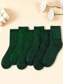 1/6 Pairs Unisex Dark Green Metallic Yarn Knit Socks, Sequin Vertical Ribbed Mid-Calf Socks, Comfortable Elastic Casual All-Season - Dark Green - View 1