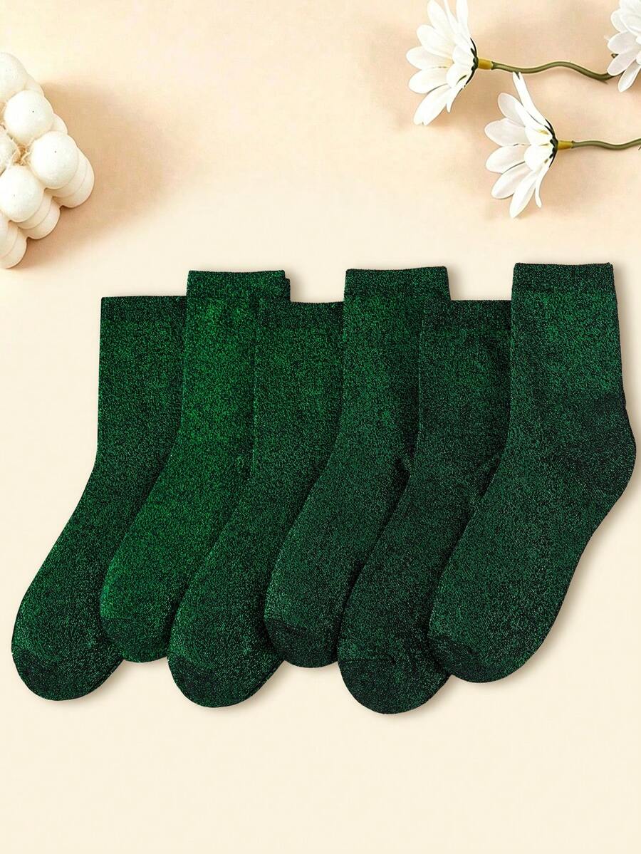 1/6 Pairs Unisex Dark Green Metallic Yarn Knit Socks, Sequin Vertical Ribbed Mid-Calf Socks, Comfortable Elastic Casual All-Season - Dark Green - View 1