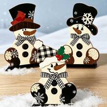 Wooden Christmas Snowman Desktop Decor Set, Black & White Plaid Bow Tie Snowman Standing Wooden Slice Ornament, Winter Holiday Home Decoration - 3pcs - View 5