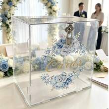 Blue Rose Print Transparent Acrylic Greeting Card Storage Box With Lock - 1PC - View 5