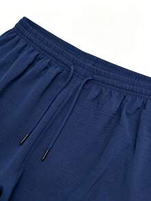 Plus Size Women's Solid Color Drawstring Waist Casual Daily Long Pants - Navy Blue - View 12