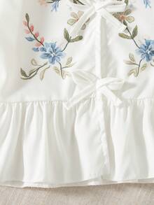 Girls' Casual Fashion Loose Blouse With Round Neck, Ruffle Flutter Sleeves, Front Tie Design, Colorful Floral Embroidery And Ruffle Hem, Spring/Autumn - White - View 7
