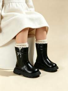 Autumn/Winter Girls' Boots With Side Zipper, Black Tall Boots, Princess Style, Thermal Lined, Suitable For Daily Wear - Black - View 2