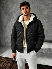 Men's Hooded Quilted Padded Jacket, Thick Fleece Lining, Warm Zipper Casual Jacket, Autumn/Winter - Black - View 2