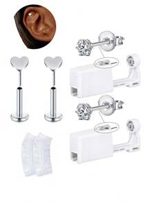 2/4/6/8pcs Hypoallergenic Self-Piercing Nose Stud Set, Disposable Nose Piercing Gun With Piercing Tool, Suitable For Cartilage, Tragus, Helix Piercing, Piercing Gun With Piercing Jewelry (Silver With 4mm CZ Diamond) - Multicolor - View 15