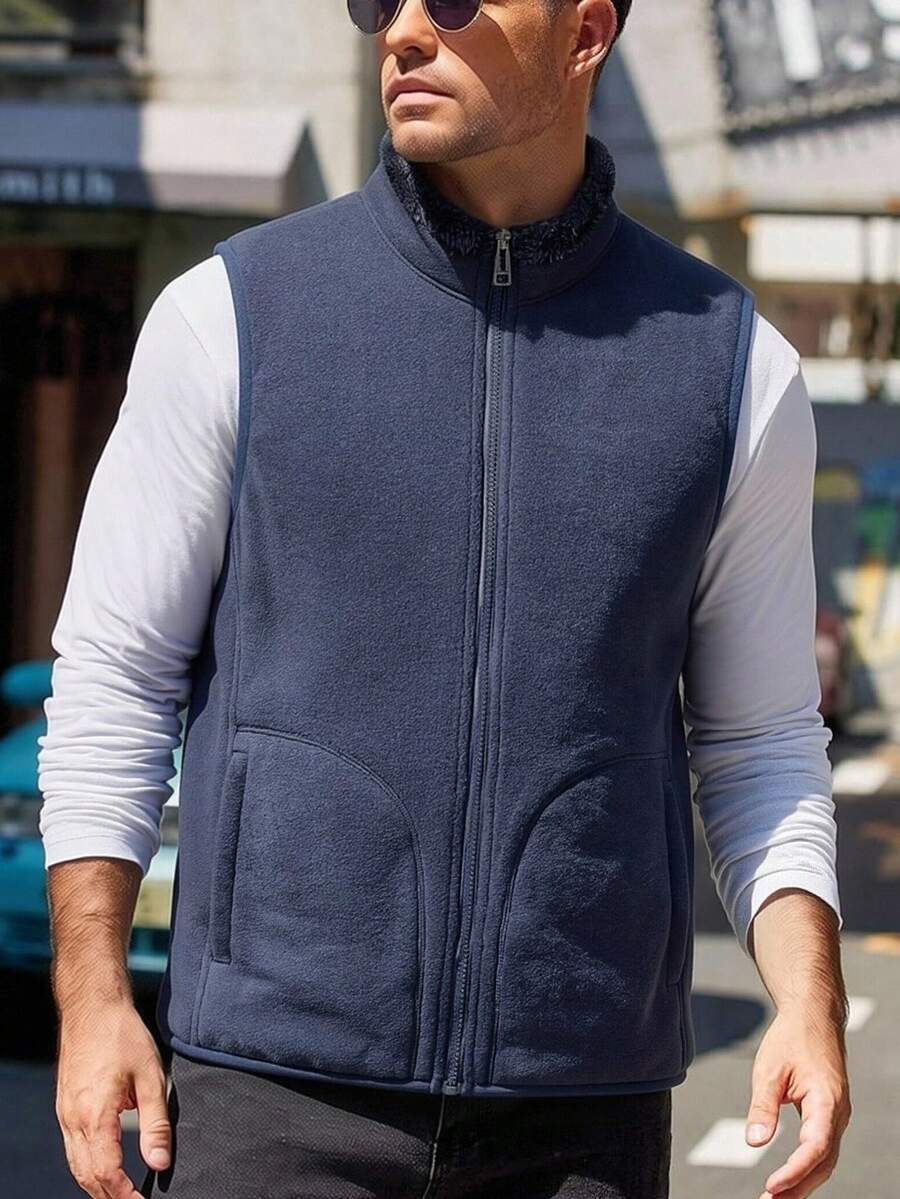 Men's Autumn/Winter Thermal Lined Casual Versatile Zip-Up Vest Jacket, Suitable For Daily Wear, Commuting And Outdoor Sports - Navy Blue - View 1