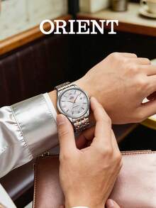 Men's ORIENT Two‑Tone Automatic Mechanical Watch Textured Silver Dial Roman Numeral Indices Date Display Stainless Steel Bracelet Business Dress Watch - SAC04001W0 - View 1