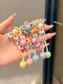 5pcs/1pc Cartoon Color Block Flower Hair Ties, Colorful Hairbands, Beaded Cute Candy Color Hair Ropes, High Elasticity Ponytail Hair Clips, Non-Damaging Hair Accessories, High Durability, Suitable For Daily Use, Random Color - Multicolor - View 2