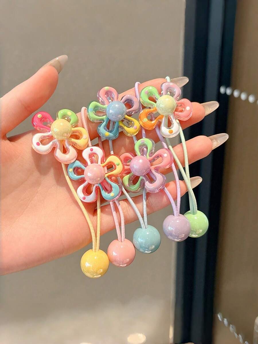 5pcs/1pc Cartoon Color Block Flower Hair Ties, Colorful Hairbands, Beaded Cute Candy Color Hair Ropes, High Elasticity Ponytail Hair Clips, Non-Damaging Hair Accessories, High Durability, Suitable For Daily Use, Random Color