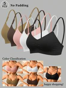 [Comfortable Bra]5pcs Cute Seamless Adjustable Strap Women's Bra, Comfortable Fashionable Women's Camisole, No Padding, Low Elasticity, Loose Fit - Multicolor - View 1