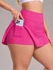 Deybera Plus Size Women High Waist Color Block Skort, Pleated Tennis Skirt With Built-In Shorts & Side Pocket For Running, Yoga, Outdoor & Daily Wear - Hot Pink - View 2