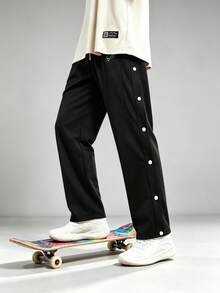 veidoorn Men's Solid Color Sports Pants, Side Pockets, Snap Button Design For Easy On And Off, Loose Comfortable Fit - Black - View 6