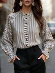Women's Chic Black White Striped Button Front Long Sleeve Ruffle Cuff High Low Shirt For Home, Office, Vacation, Holiday, Spring Fall Winter - Grey - View 1