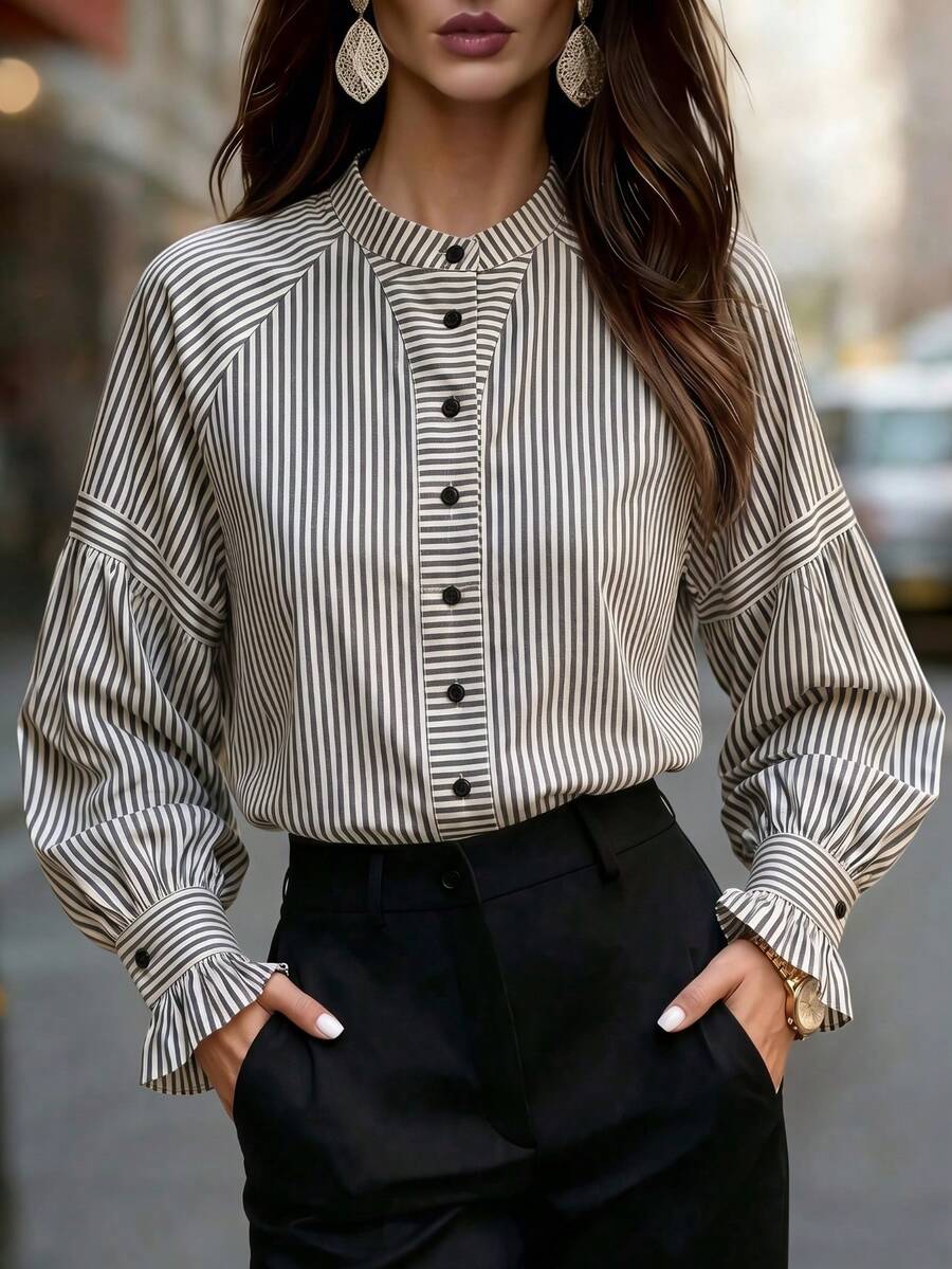 Women's Chic Black White Striped Button Front Long Sleeve Ruffle Cuff High Low Shirt For Home, Office, Vacation, Holiday, Spring Fall Winter - Grey - View 1