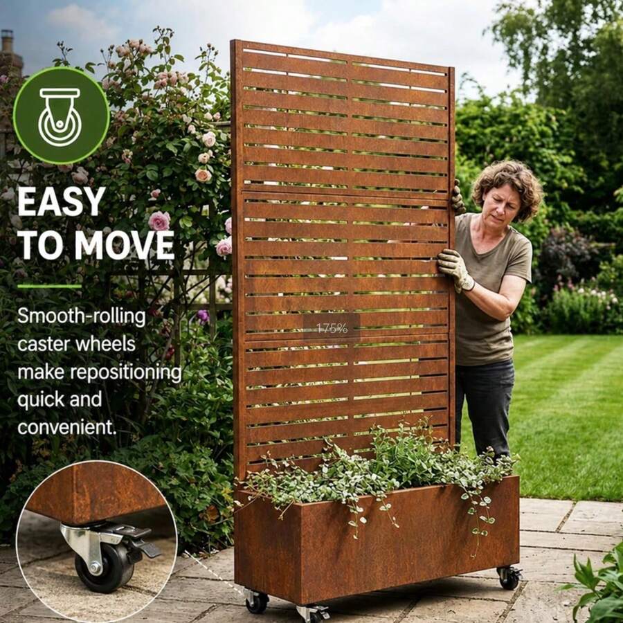 Galvanized Steel Screen Planter With Wheels, Movable Metal Raised Garden Bed, Privacy Partition Trellis, Suitable For Courtyards, Balconies, And Terraces - Rust - View 1