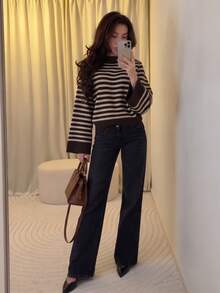 MORI Fall Winter Women Sweaters Elegant Casual Y2K Brown Striped Mock Neck Wide Bell Sleeve Drop Shoulder Oversized Loose Knit Pullover Top - Brown - View 2