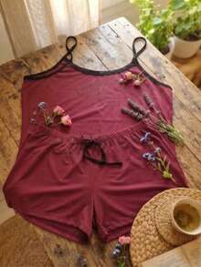 Conjunto de pijama lindo confortável de malha estiloso feminino algodão - Marsala - Visão 10