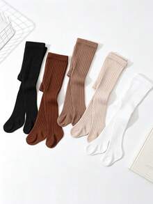 5 Pairs Girls' Vertical Striped Tights, All-Season Skin-Friendly Elastic Baby Leggings, Simple Solid Color Wearable Tights For Girls - Multicolor - View 5
