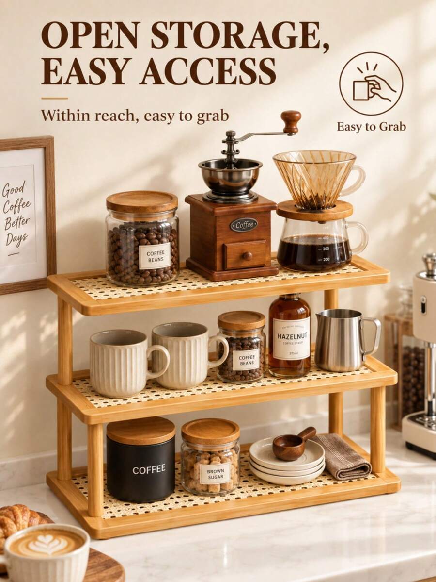 3-Tier Bamboo Kitchen Storage Rack, Vertical Shelf, Stepped Design, Walnut Wood Grain, Raised Edges To Prevent Falling, Thickened Support Pillars For Stability, Suitable For Kitchen Sauce Bottle Organization, Cosmetic Countertop Organization, Coffee Station Cup And Coffee Bean Placement, Desktop Office Accessory Organization, Multi-Functional Room Decor, Room Decoration, Bedroom Decoration, Shelf, Rack, Bookshelf, Home Decor - Multicolor - View 1