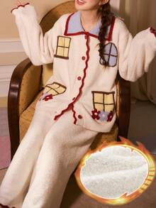 Gongdie 2 Pieces Christmas Flannel Pajamas For Women,Winter White Soft Thick Plush Loungewear With Pocket - Beige - View 1