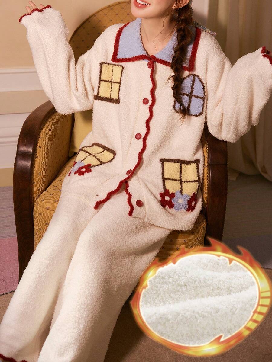 Gongdie 2 Pieces Christmas Flannel Pajamas For Women,Winter White Soft Thick Plush Loungewear With Pocket - Beige - View 1