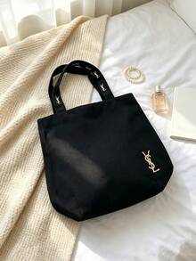 Yves Saint Laurent 黑色刺繡LOGO托特化妝包，大容量防水帆布手提收納包，粉色內裡拉鍊隔層，通勤購物旅行雙用彩妝收納包，奢華女款便攜禮品 - 黑色 - 查看 2