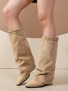 Women's Slouchy Knee-High Kitten Heel Boots, Fold-Over Buckle High-Shaft Boots, Suitable For Daily Commute And Party Outfits - Khaki - View 7