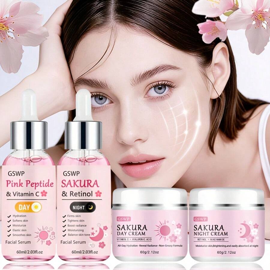 GSWP 4pcs Sakura Skincare Set, Terdiri dari Krim dan Serum, Memberikan Hidrasi Siang dan Malam. Formula Bebas Alkohol dan Hipoalergenik Memberikan Kelembapan Mendalam Tanpa Rasa Lengket, Cocok untuk Semua Jenis Kulit.