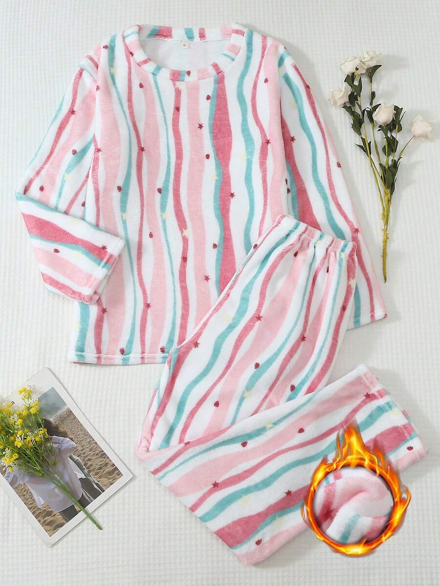 2pcs/Set Women's Winter Camouflage Striped Thermal Lined Thick Round Neck Long Sleeve Pants Soft Comfortable Pajama Set - Pink - View 1