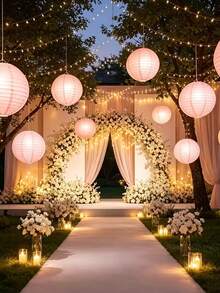 9pcs/Set Elegant Pink Paper Lanterns, Includes 9 Lanterns And 9 Stands, Round Handmade Foldable Decorations, Suitable For Weddings, Birthdays, Anniversaries, New Year Celebrations, Christmas Decor And Halloween Decor - As Shown - View 5